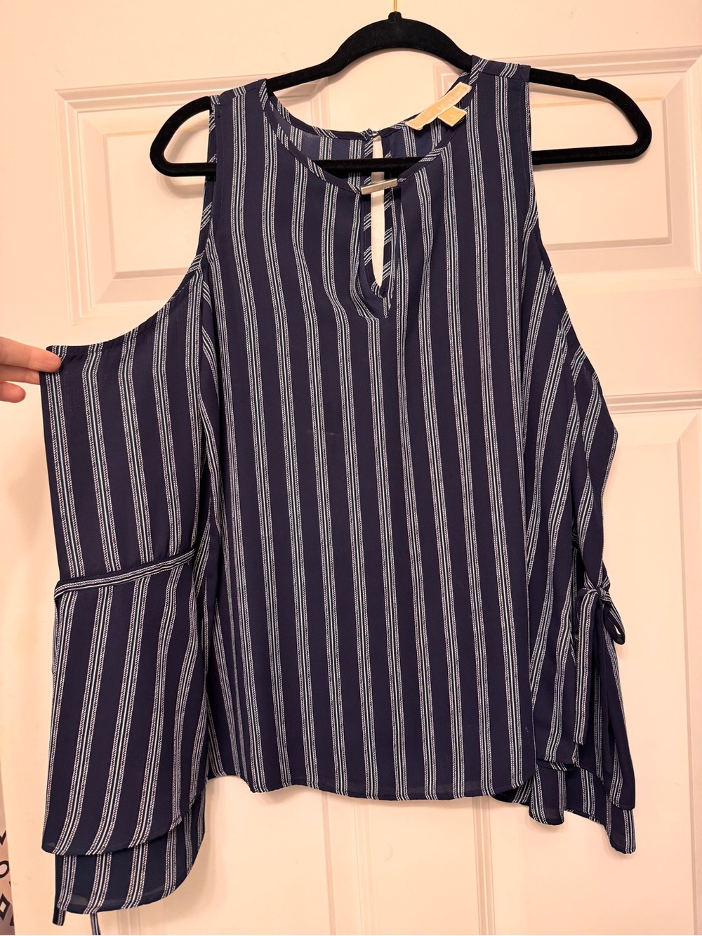Michael Kors Navy and White Striped Cold-Shoulder Blouse